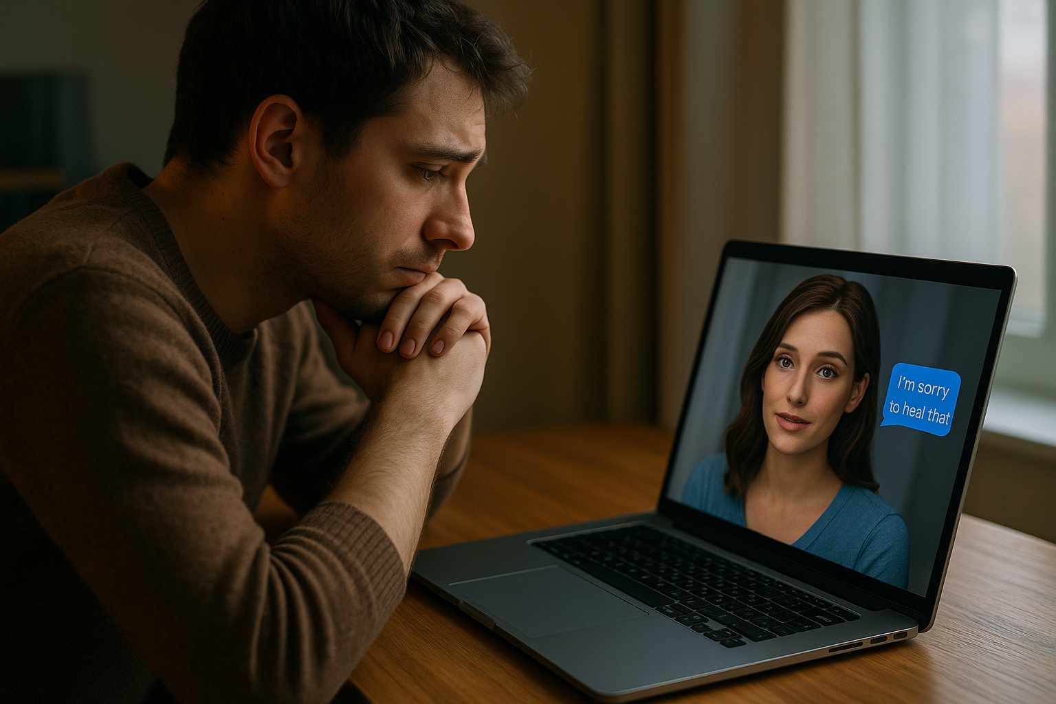 A man looks troubled while video-calling an AI companion on a laptop