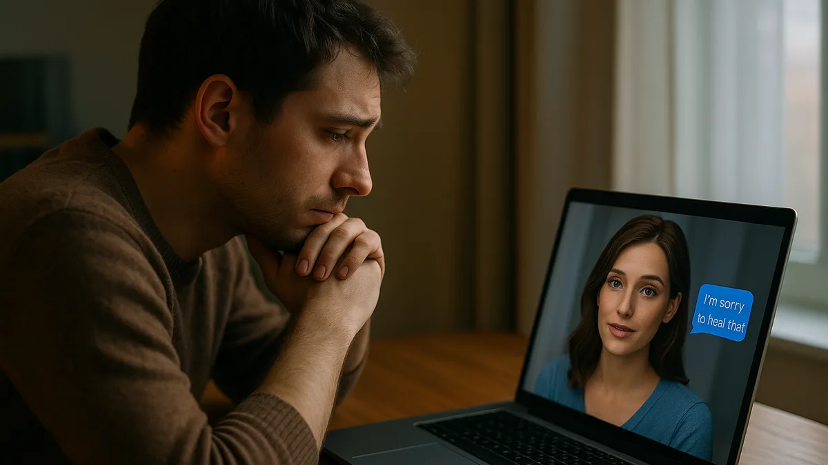 A man looks troubled while video-calling an AI companion on a laptop