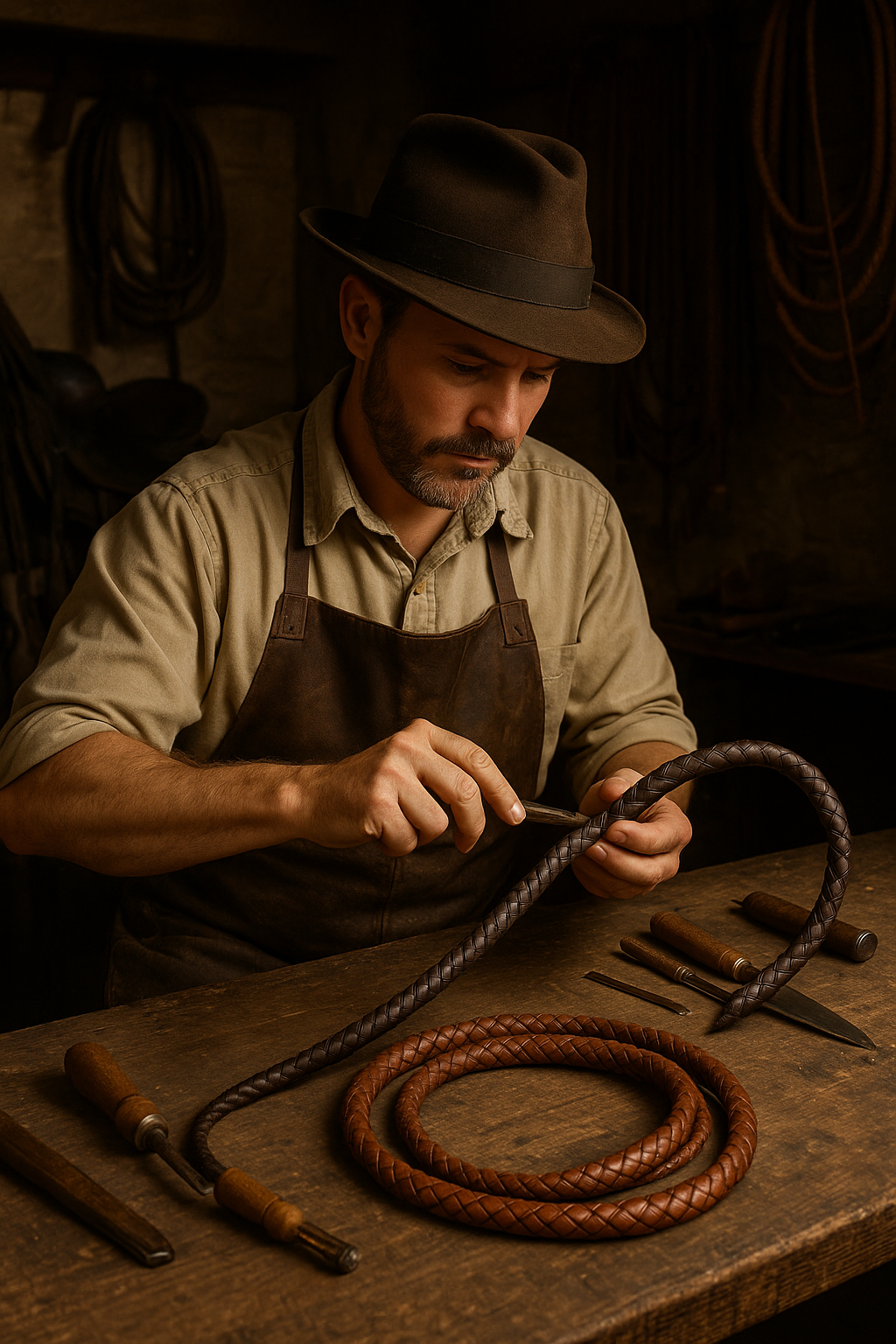 An artisan creating a buggy whip