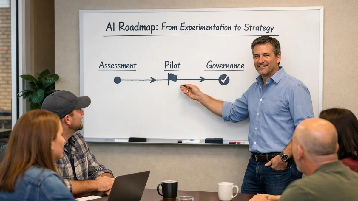 A business-casual leader in his late 40s, with rolled-up sleeves, gestures toward a whiteboard showing a simple AI roadmap timeline labeled “Assessment,” “Pilot,” and “Governance,” while casually dressed employees sit around a conference table, attentively engaged.