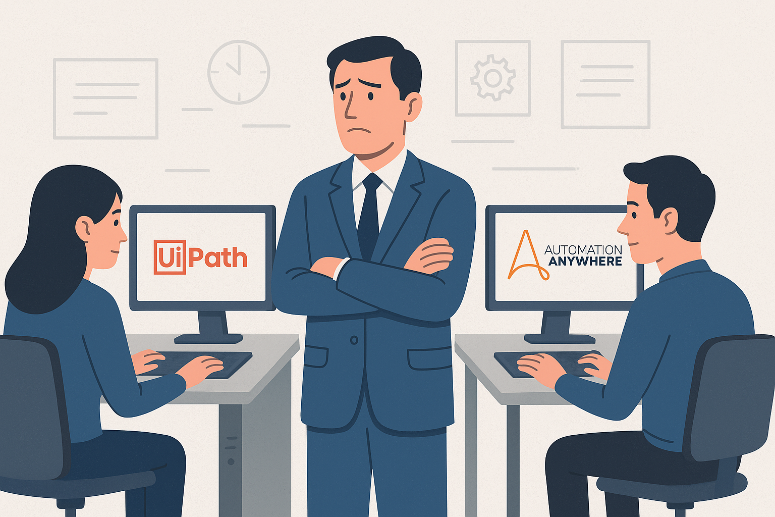 An illustrated manager stands between two employees, one working in UiPath and the other in Automation Anywhere