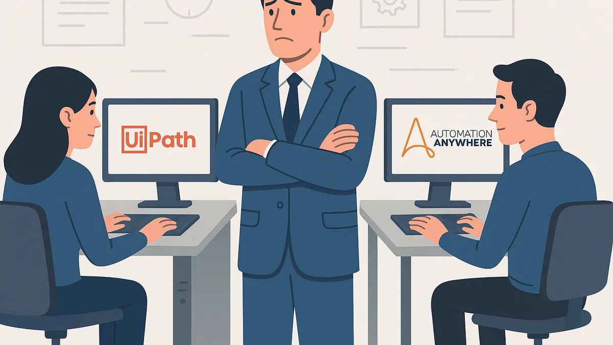 An illustrated manager stands between two employees, one working in UiPath and the other in Automation Anywhere