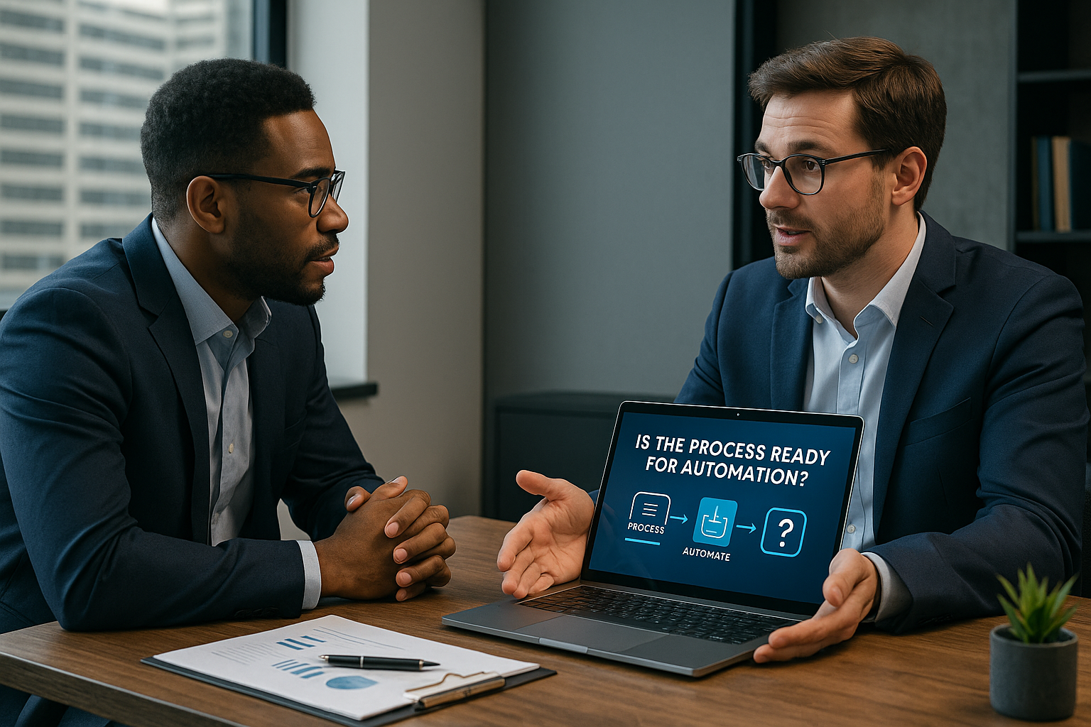 Two colleagues in a meeting discuss a laptop screen asking “Is the process ready for automation?”