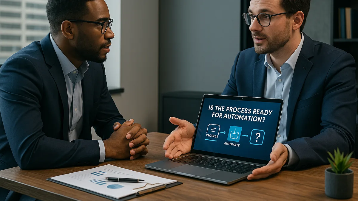 Two colleagues in a meeting discuss a laptop screen asking “Is the process ready for automation?”