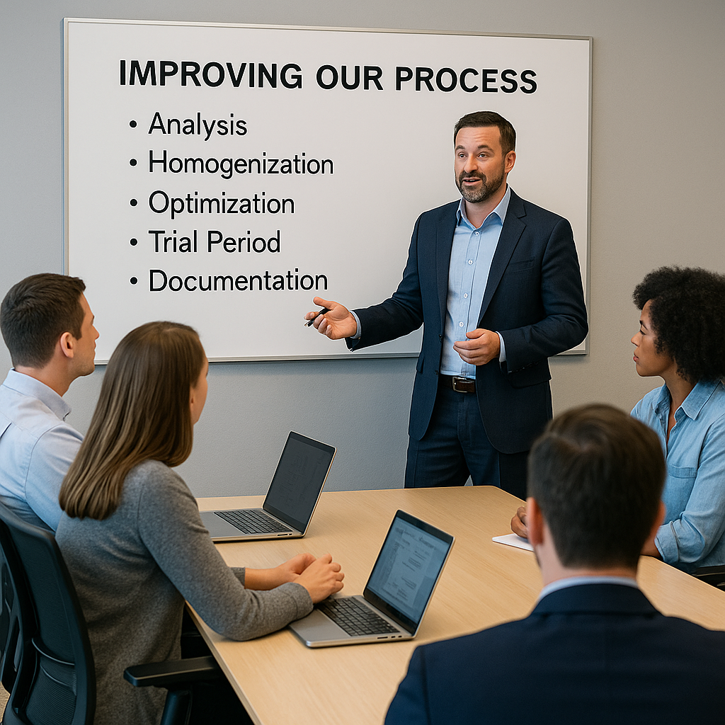 A presenter at a whiteboard titled “Improving Our Process” walks colleagues through analysis, homogenization, optimization, trial period, and documentation