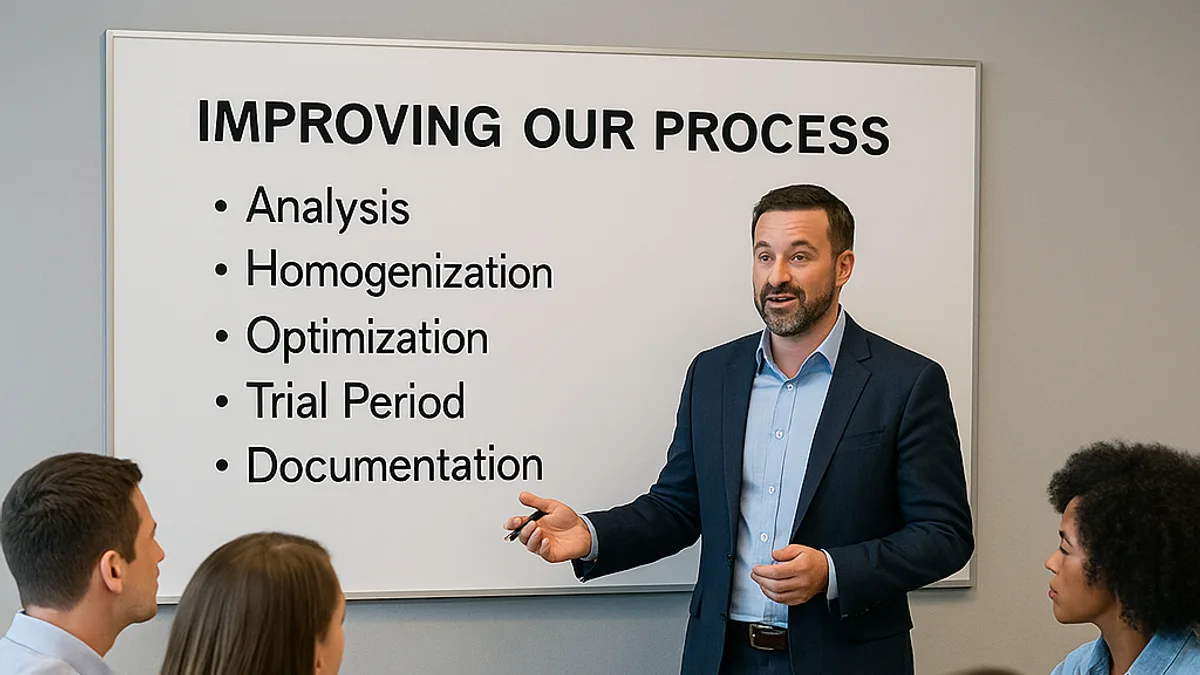 A presenter at a whiteboard titled “Improving Our Process” walks colleagues through analysis, homogenization, optimization, trial period, and documentation