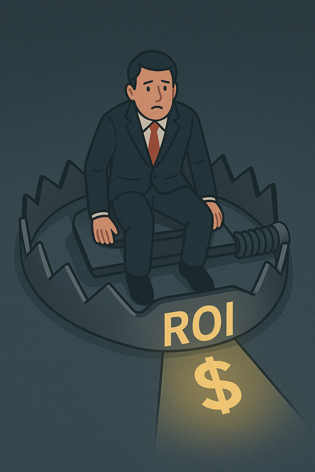 Illustration of a businessman sitting caught in a bear trap labeled ROI