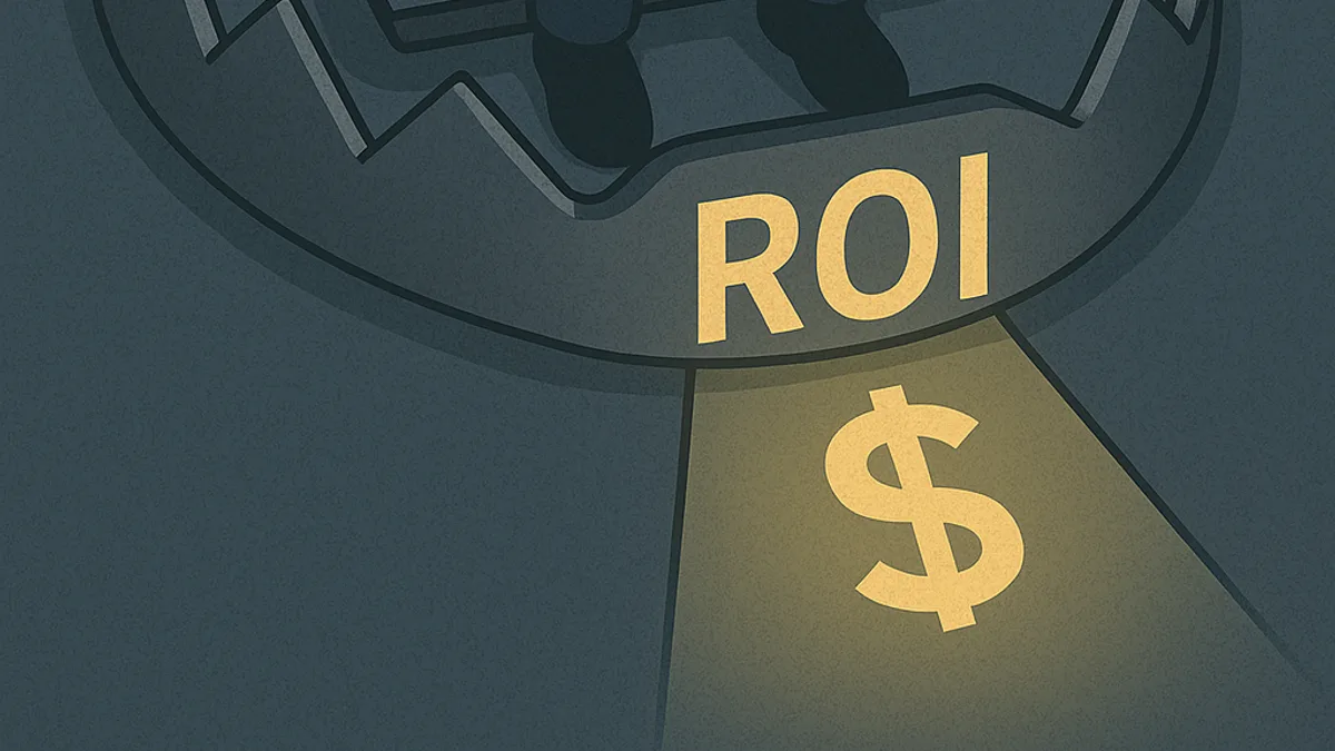 Illustration of a businessman sitting caught in a bear trap labeled ROI