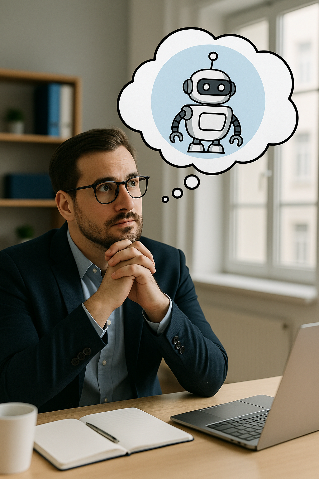 A man at his desk imagines a small robot in a thought bubble while thinking about automation