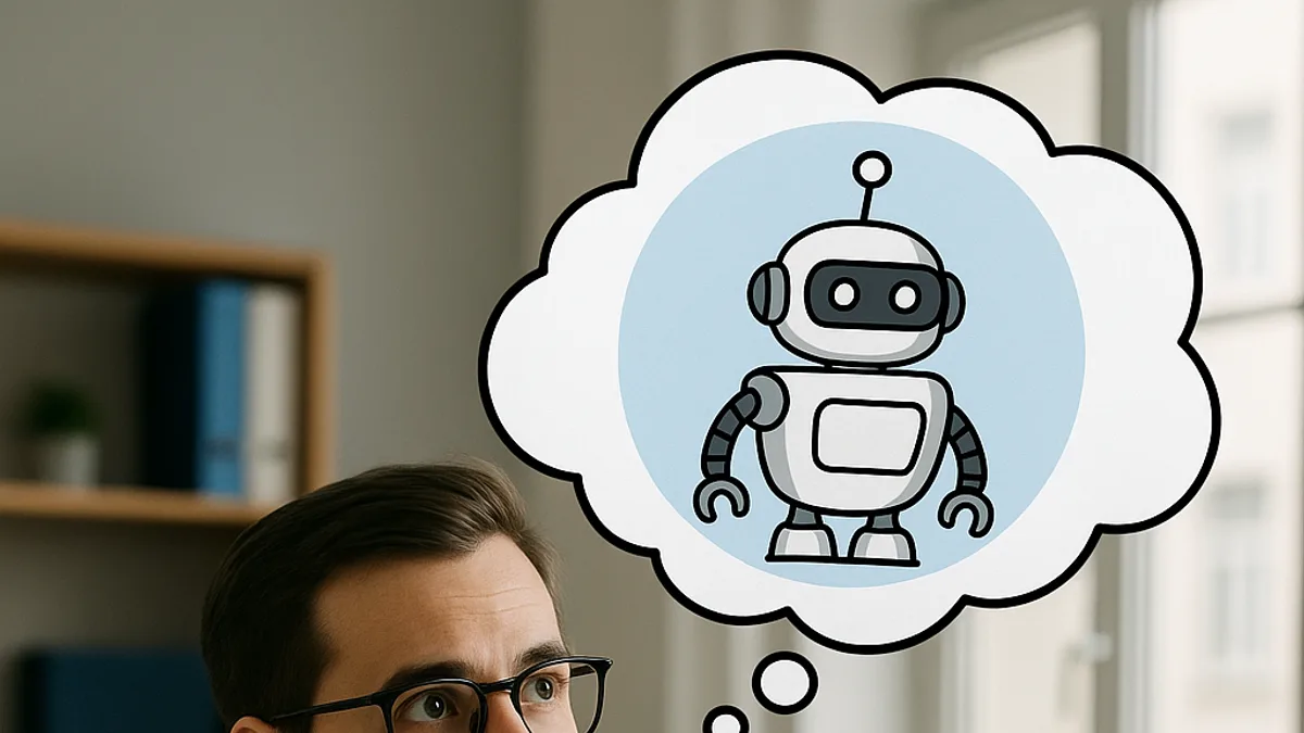 A man at his desk imagines a small robot in a thought bubble while thinking about automation